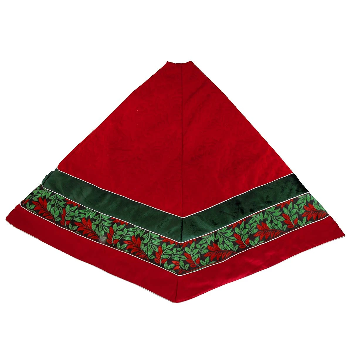 56 Inch Red Velvet Tree Skirt With Red And Green Embroidered Leaf Pattern 1 56 Inch Red Velvet Tree Skirt With Red And Green Embroidered Leaf Pattern