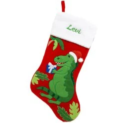 20.5 Inch Personalized Red Velvet Stocking With Green Dinosaur