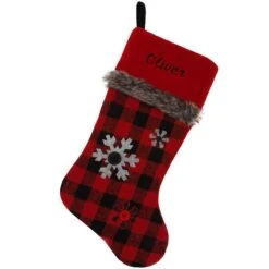 20.5 Inch Personalized Red And Black Plaid Stocking With Snowflakes