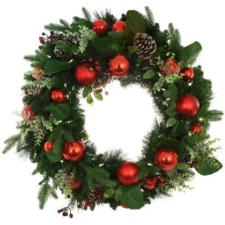 30 Inch Mixed Tip Battery Operated Wreath With Red Ornaments And 100 LED Lights