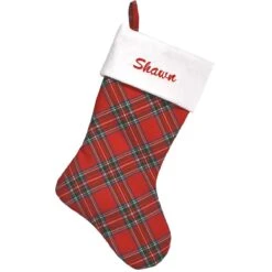 19 Inch Personalized Red Plaid Stocking With Ivory Cuff