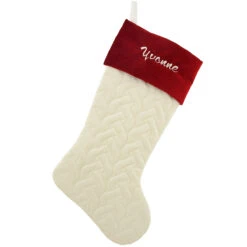 21 Inch Personalized Cream Flannel Quilted Stocking With Burgundy Cuff