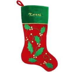 20.5 Inch Personalized Red Velvet Stocking With Holly Design
