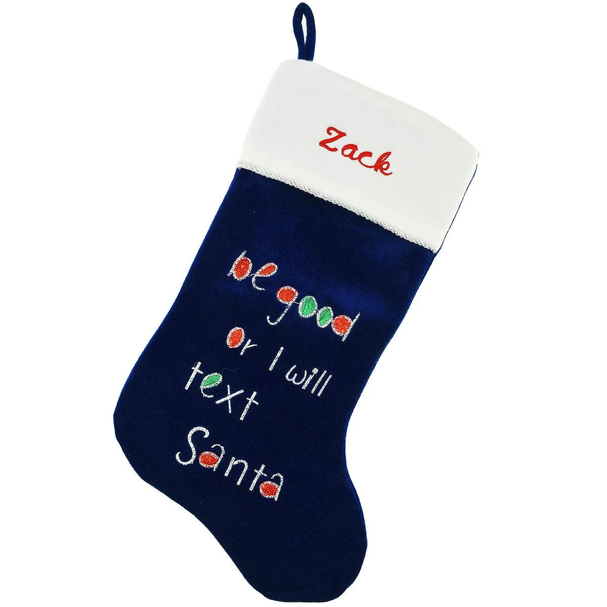 20.5 Inch Personalized Blue Velvet Stocking With Be Good Saying 1 20.5 Inch Personalized Blue Velvet Stocking With Be Good Saying