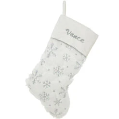 Personalized 20.5 Inch White Fur Stocking With Silver Snowflakes And Velvet Cuff