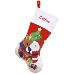 20.5 Inch Personalized Red Stocking, Santa With Reindeer And Gifts