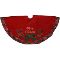 48 Inch Merry Christmas Tree Skirt With Plaid Trim