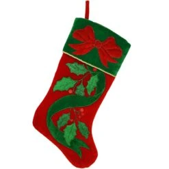 20.5 Inch Red Velvet Stocking With Green Cuff, Red Bow And Holly