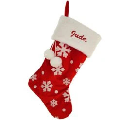 19 Inch Personalized Red Snowflake Stocking With Embroidered Appliques