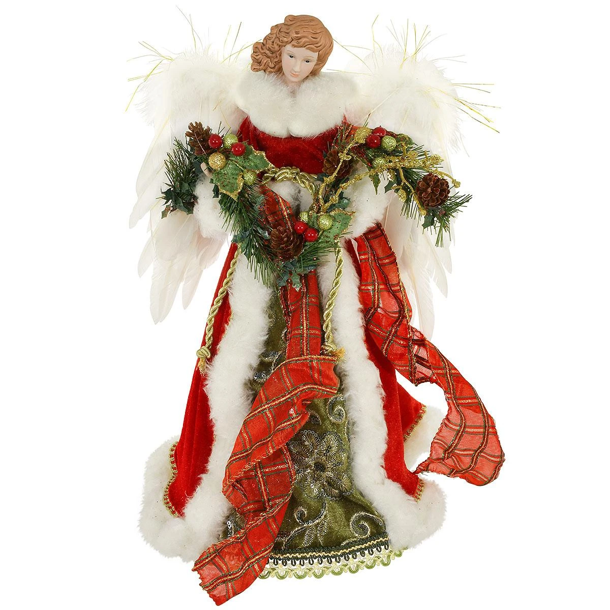 Angel Tree Topper With Red Dress And Green Garland 1 Angel Tree Topper With Red Dress And Green Garland
