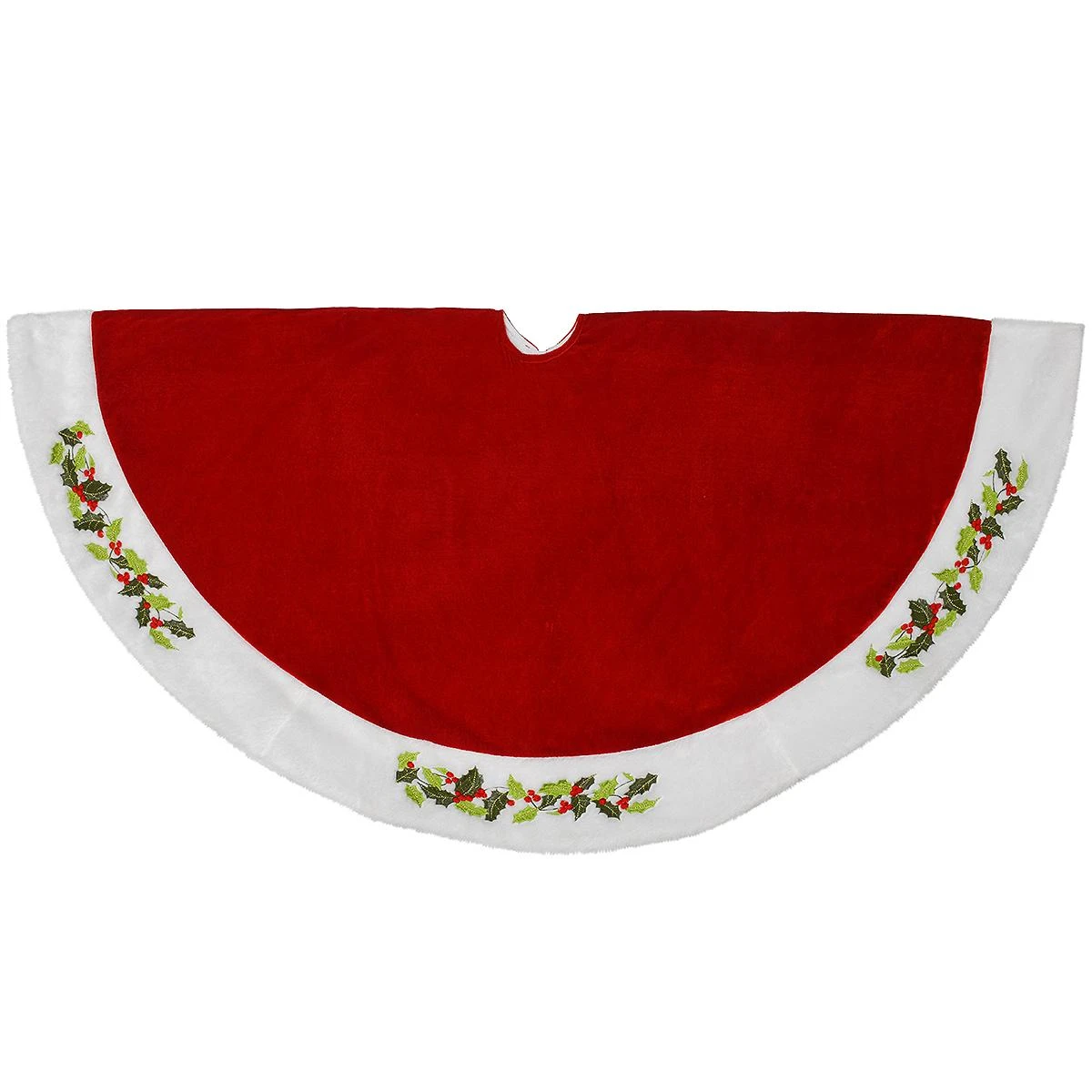48 Inch Red Velvet Tree Skirt With Holly 1 48 Inch Red Velvet Tree Skirt With Holly
