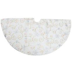48 Inch White Fur Tree Skirt With Silver Snowflakes And Gold Swirls