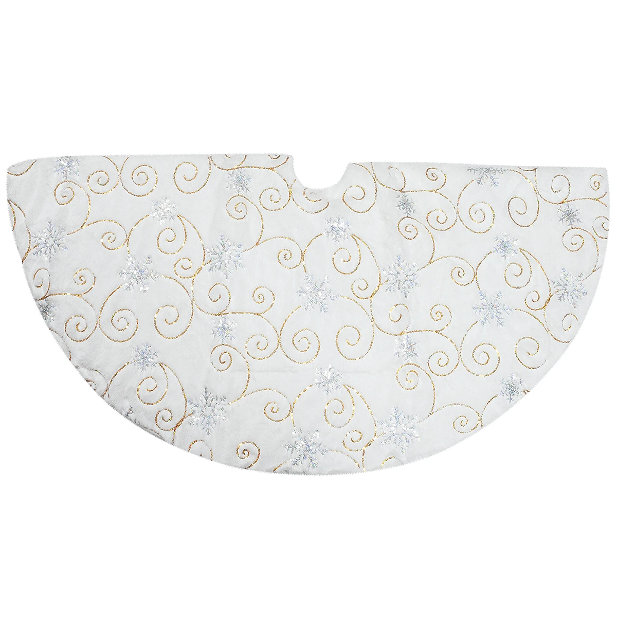 48 Inch White Fur Tree Skirt With Silver Snowflakes And Gold Swirls 1 48 Inch White Fur Tree Skirt With Silver Snowflakes And Gold Swirls