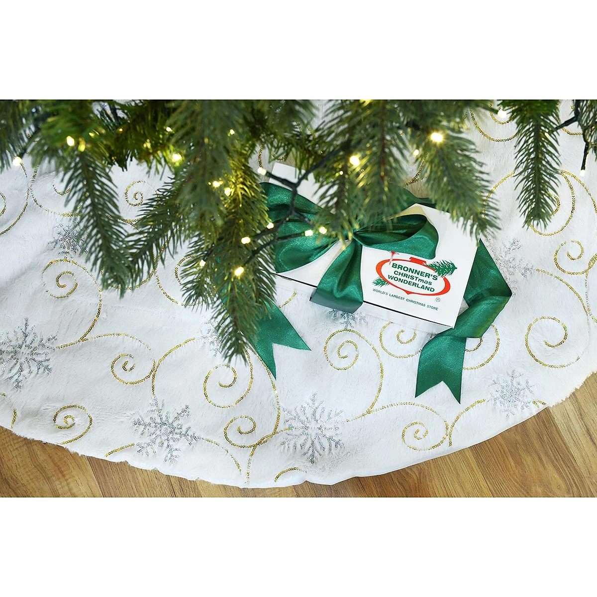 48 Inch White Fur Tree Skirt With Silver Snowflakes And Gold Swirls 3 48 Inch White Fur Tree Skirt With Silver Snowflakes And Gold Swirls - Image 3