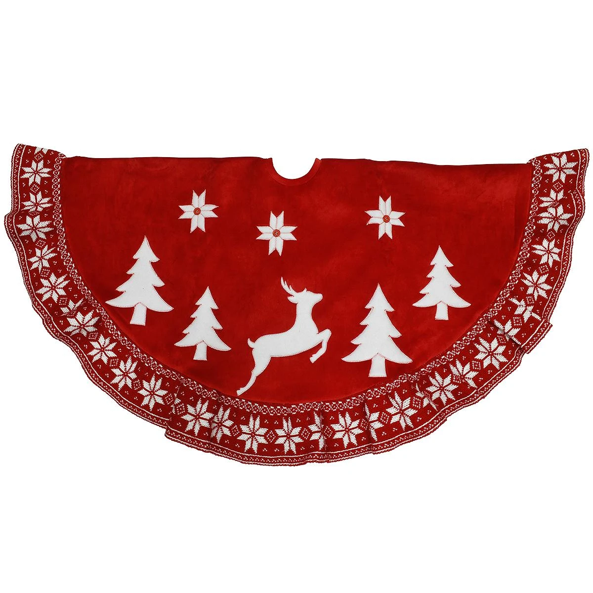 48 Inch Red Suede Tree Skirt With White Reindeer And Trees 1 48 Inch Red Suede Tree Skirt With White Reindeer And Trees